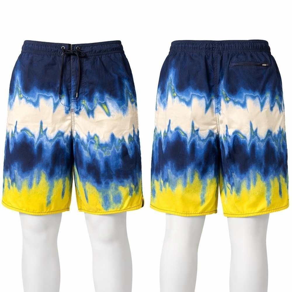 Swim Trunks Mens Tye Dye 34 Blue Yellow With Zip Pockets Tie Roundtree and Yorke